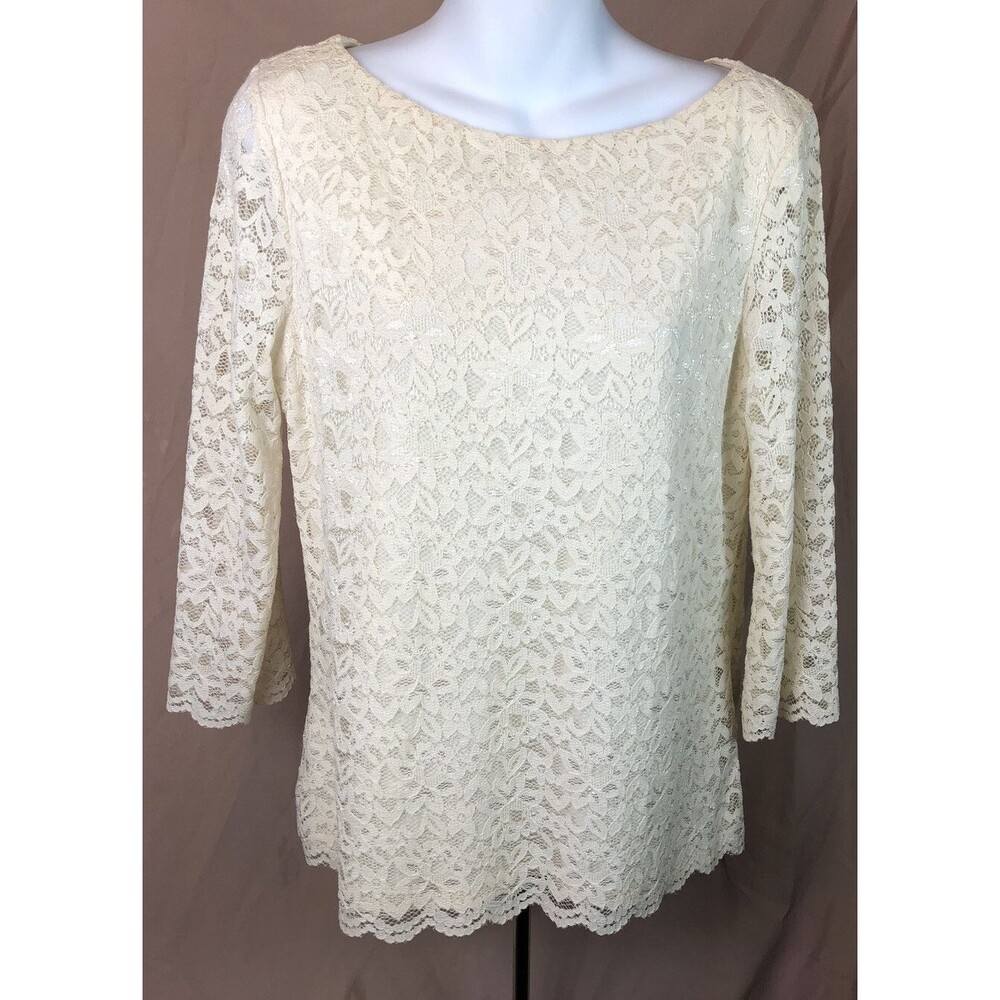 Vintage Lace Top M Cream Ivory Floral 3/4 Sleeves Womans Fairy Coquette Dainty